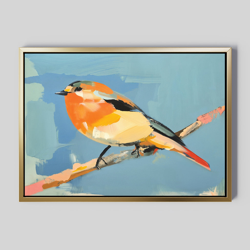 Bright Songbird Canvas Art - Horizontal features a small, colorful songbird with orange, yellow, and black feathers perched on a branch against a blue background—an ideal piece to add charm as songbird wall art to your space.