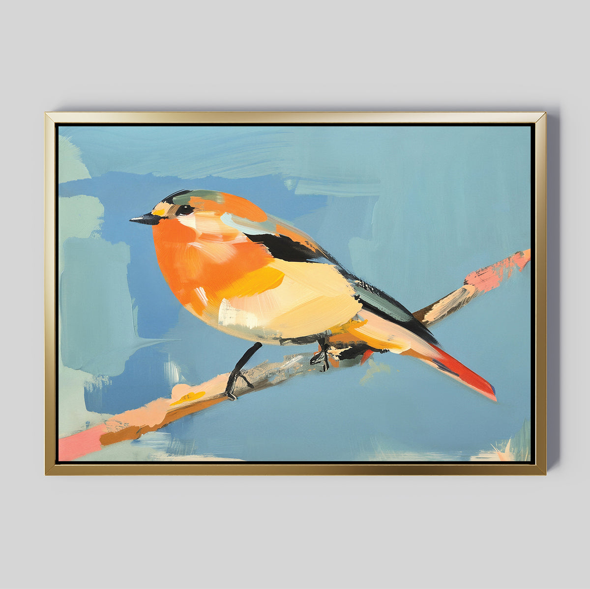 Bright Songbird Canvas Art - Horizontal features a small, colorful songbird with orange, yellow, and black feathers perched on a branch against a blue background—an ideal piece to add charm as songbird wall art to your space.