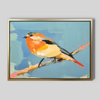 Bright Songbird Canvas Art - Horizontal features a small, colorful songbird with orange, yellow, and black feathers perched on a branch against a blue background—an ideal piece to add charm as songbird wall art to your space.