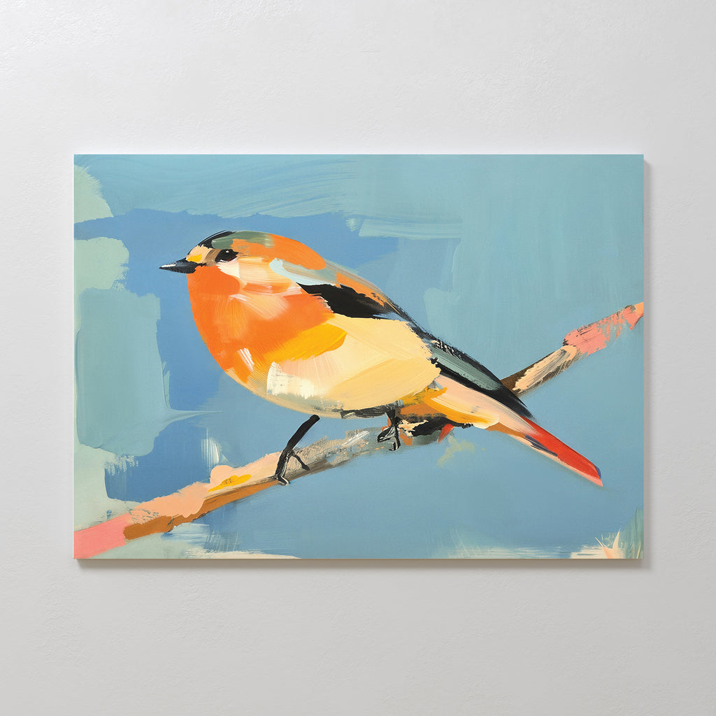 The Bright Songbird Canvas Art - Horizontal features a small songbird with orange, yellow, and black markings on a branch. Bold brushstrokes and a light blue backdrop lend modern Nordic charm to this colorful wall art piece.