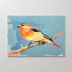 The Bright Songbird Canvas Art - Horizontal features a small songbird with orange, yellow, and black markings on a branch. Bold brushstrokes and a light blue backdrop lend modern Nordic charm to this colorful wall art piece.