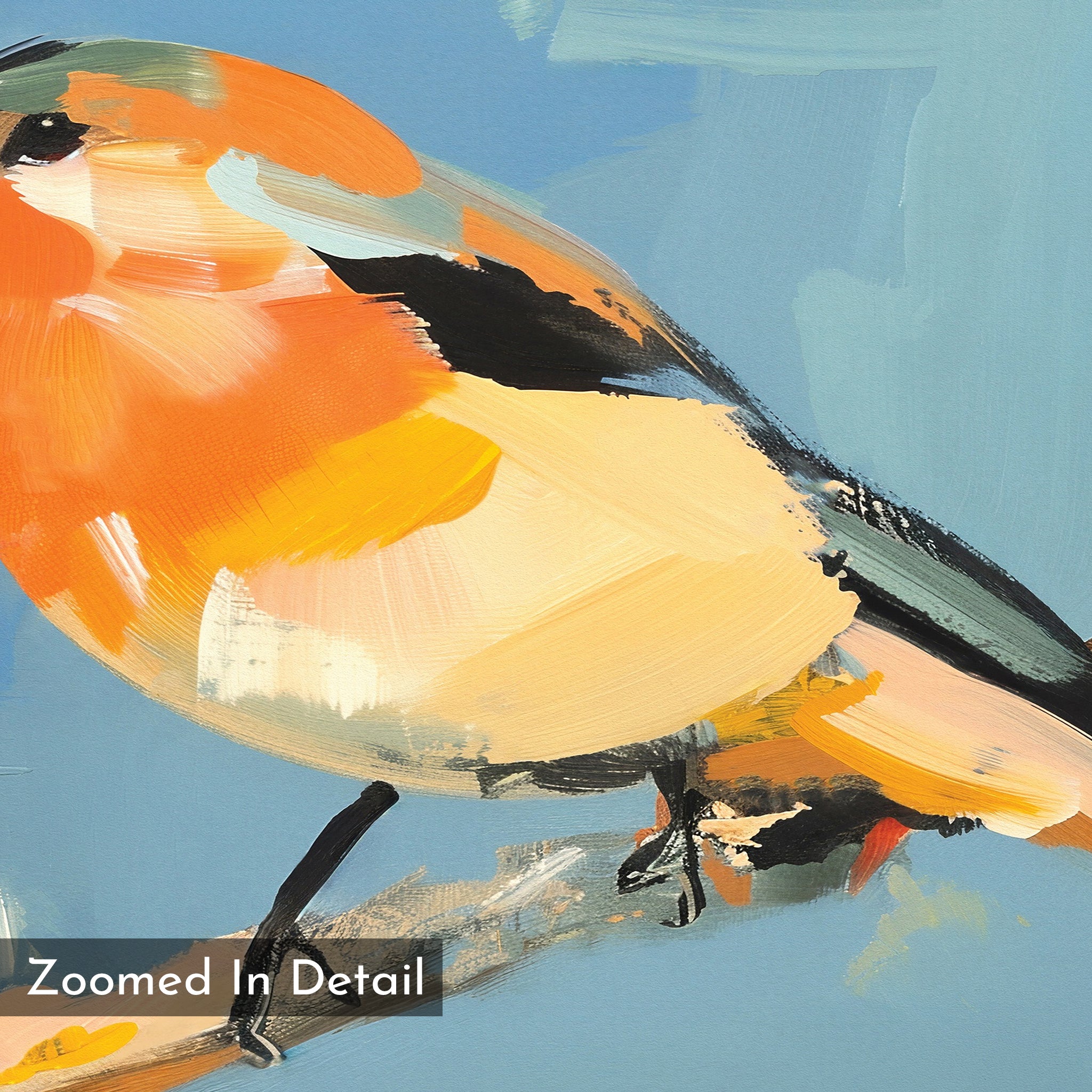 A close-up of Bright Songbird Canvas Art - Horizontal shows vivid orange, yellow, black, and cream brushstrokes on blue. "Zoomed In Detail" appears at the bottom left—ideal for Nordic Park wall art lovers.
