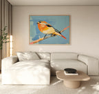 A modern living room features a light beige sectional sofa, a low wooden coffee table, and the Bright Songbird Canvas Art - Horizontal—a large, colorful bird painting—displayed above the sofa.