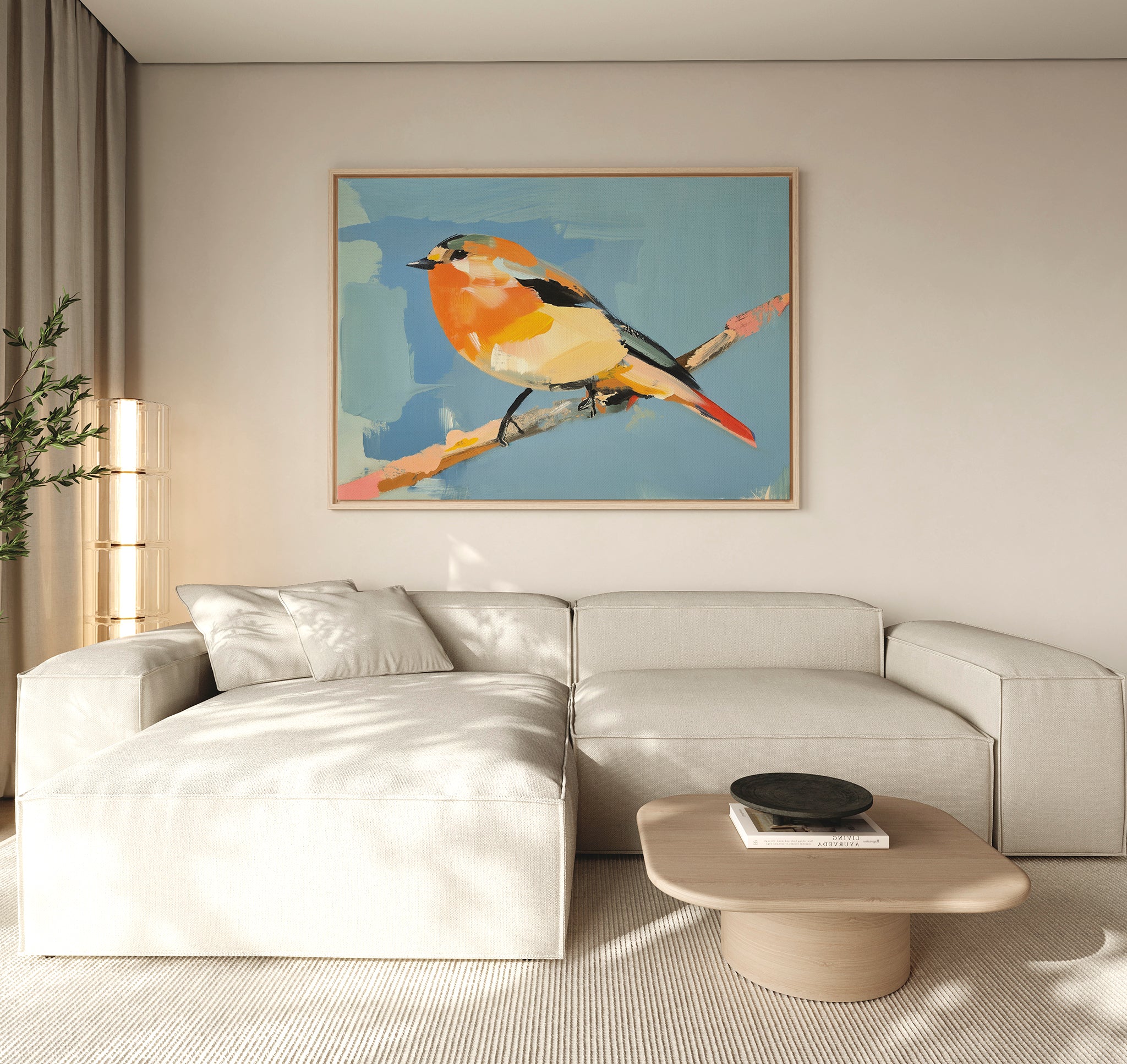 A modern living room features a light beige sectional sofa, a low wooden coffee table, and the Bright Songbird Canvas Art - Horizontal—a large, colorful bird painting—displayed above the sofa.