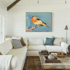 Bright, airy living room with a white sectional sofa, textured pillows, rustic coffee table, and the Bright Songbird Canvas Art - Horizontal on the white shiplap wall above the couch. Natural light streams in from the left.