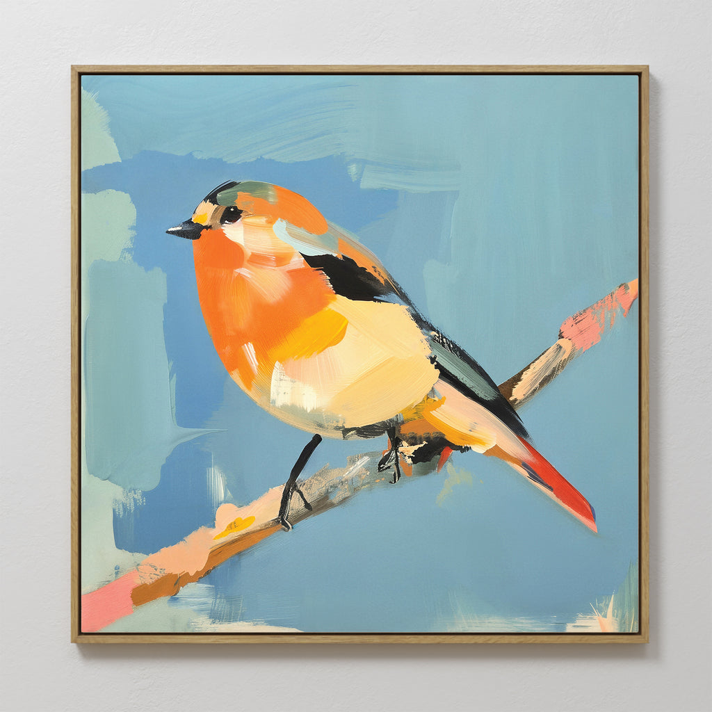 The Bright Songbird Canvas Art - Square showcases a colorful abstract bird with orange, yellow, and black feathers on a branch against a blue background in a simple wood frame—ideal Nordic Park wall art for any space.