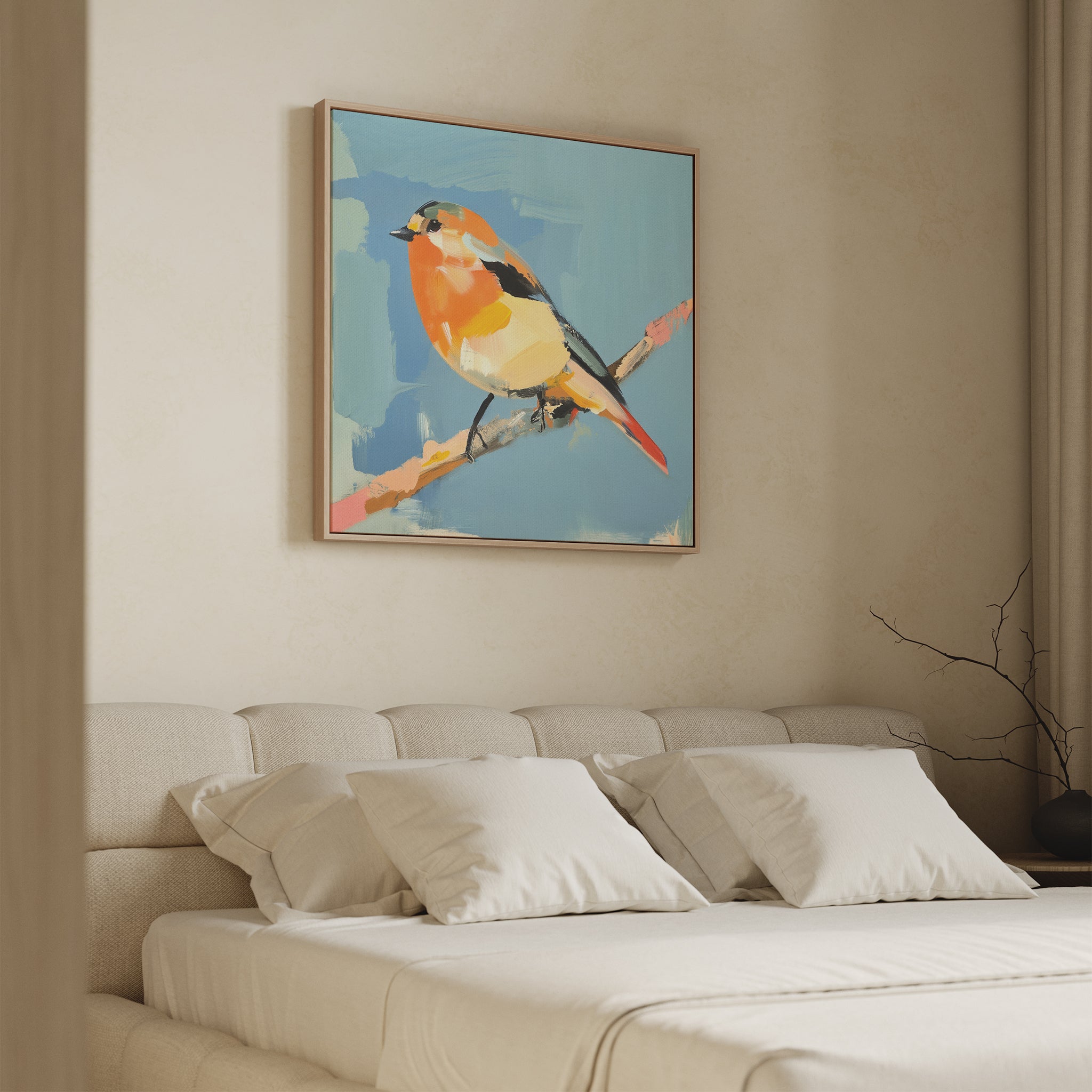 A minimalist bedroom featuring a beige bed, white pillows, and the Bright Songbird Canvas Art - Square above the headboard. Cream-colored walls and a bare branch in a vase complete the serene decor.