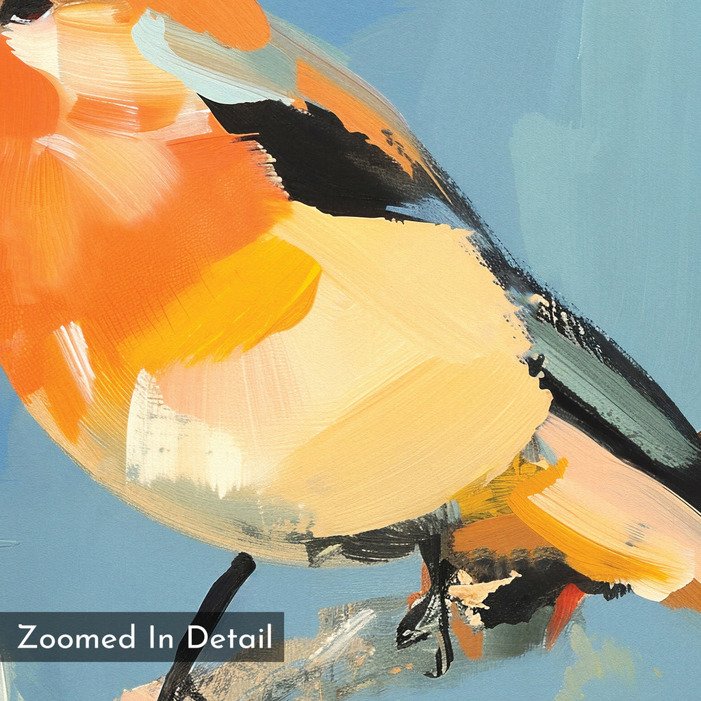 A close-up of a vibrant bird painted with orange, yellow, black, and cream brushstrokes on blue forms the Bright Songbird Canvas Art - Square. Nordic Park inspired wall décor, it features "Zoomed In Detail" text in the corner.