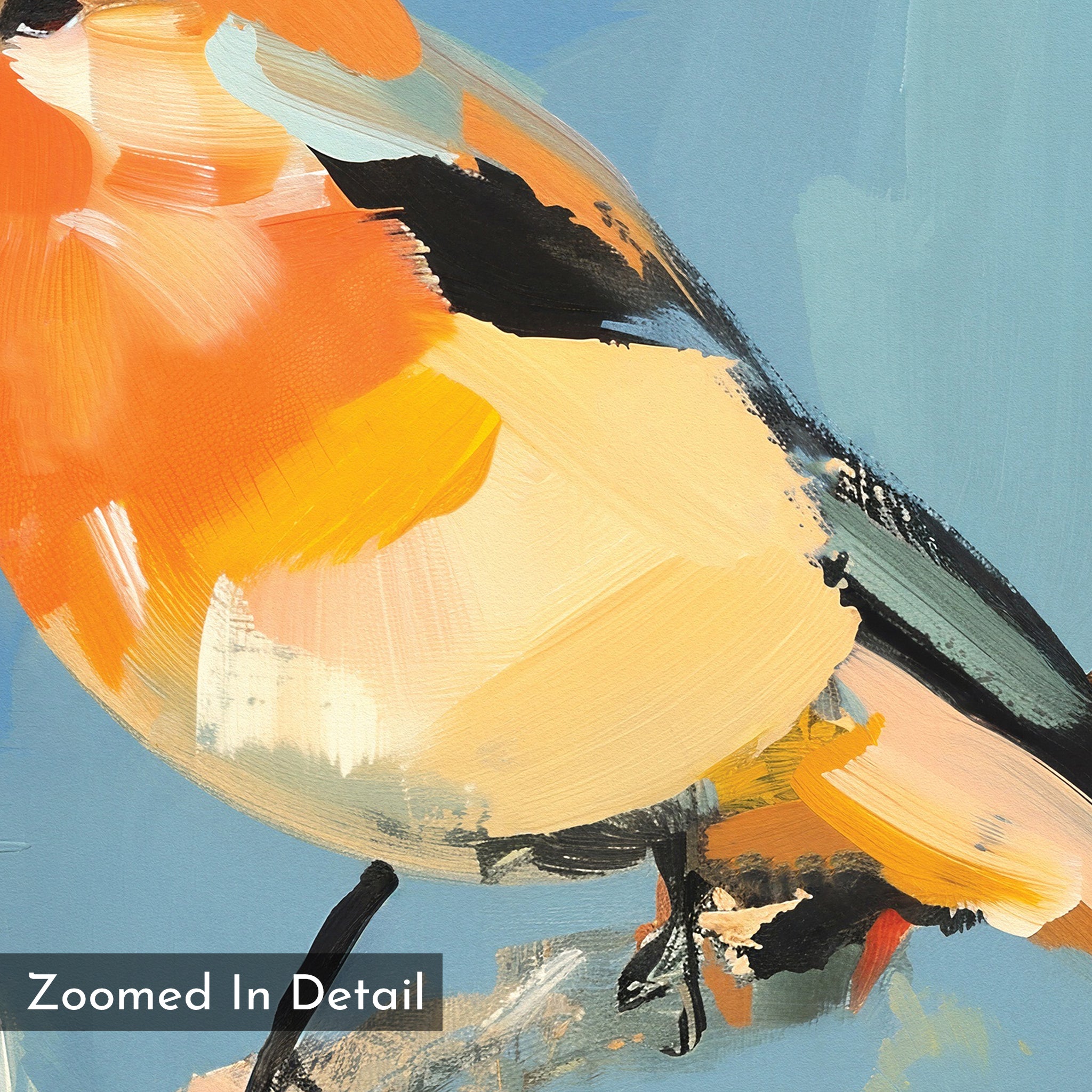 A close-up of a vibrant bird painted with orange, yellow, black, and cream brushstrokes on blue forms the Bright Songbird Canvas Art - Square. Nordic Park inspired wall décor, it features "Zoomed In Detail" text in the corner.