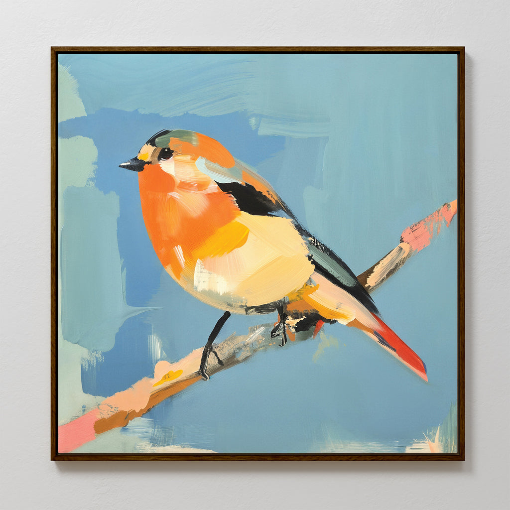 The Bright Songbird Canvas Art - Square displays a vibrant, abstract bird with orange, yellow, and black markings on a branch, set against a blue background with a sleek dark frame—an ideal choice for Nordic Park wall art.