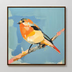The Bright Songbird Canvas Art - Square displays a vibrant, abstract bird with orange, yellow, and black markings on a branch, set against a blue background with a sleek dark frame—an ideal choice for Nordic Park wall art.
