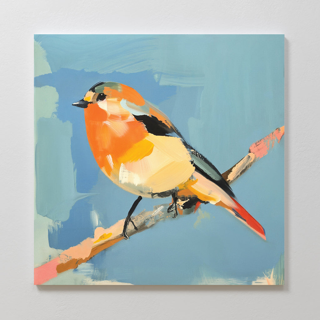 Bright Songbird Canvas Art - Square: A vibrant print of a small songbird with orange, yellow, and black feathers perched on a branch against a blue abstract background—perfect for adding charm to your space as eye-catching wall art.
