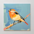 Bright Songbird Canvas Art - Square: A vibrant print of a small songbird with orange, yellow, and black feathers perched on a branch against a blue abstract background—perfect for adding charm to your space as eye-catching wall art.