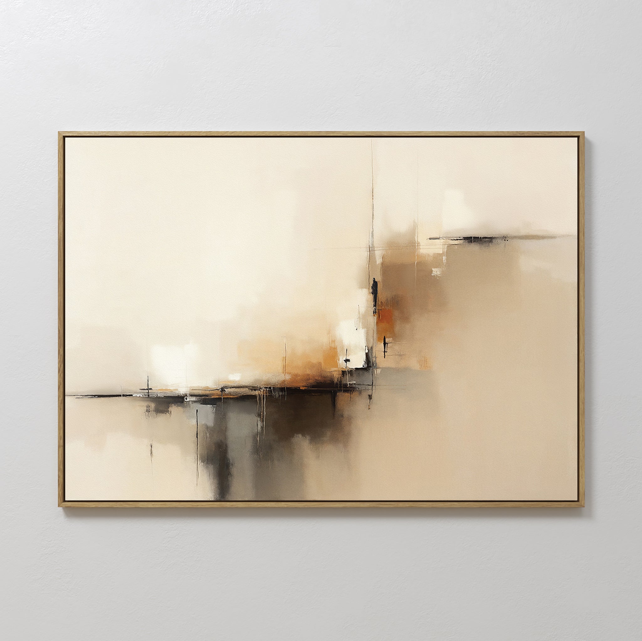 The Burnt Sienna Convergence Canvas Art - Horizontal showcases blurred geometric forms and soft brushstrokes in beige, cream, brown, black, and burnt sienna—all framed and mounted against a light wall for a modern touch.