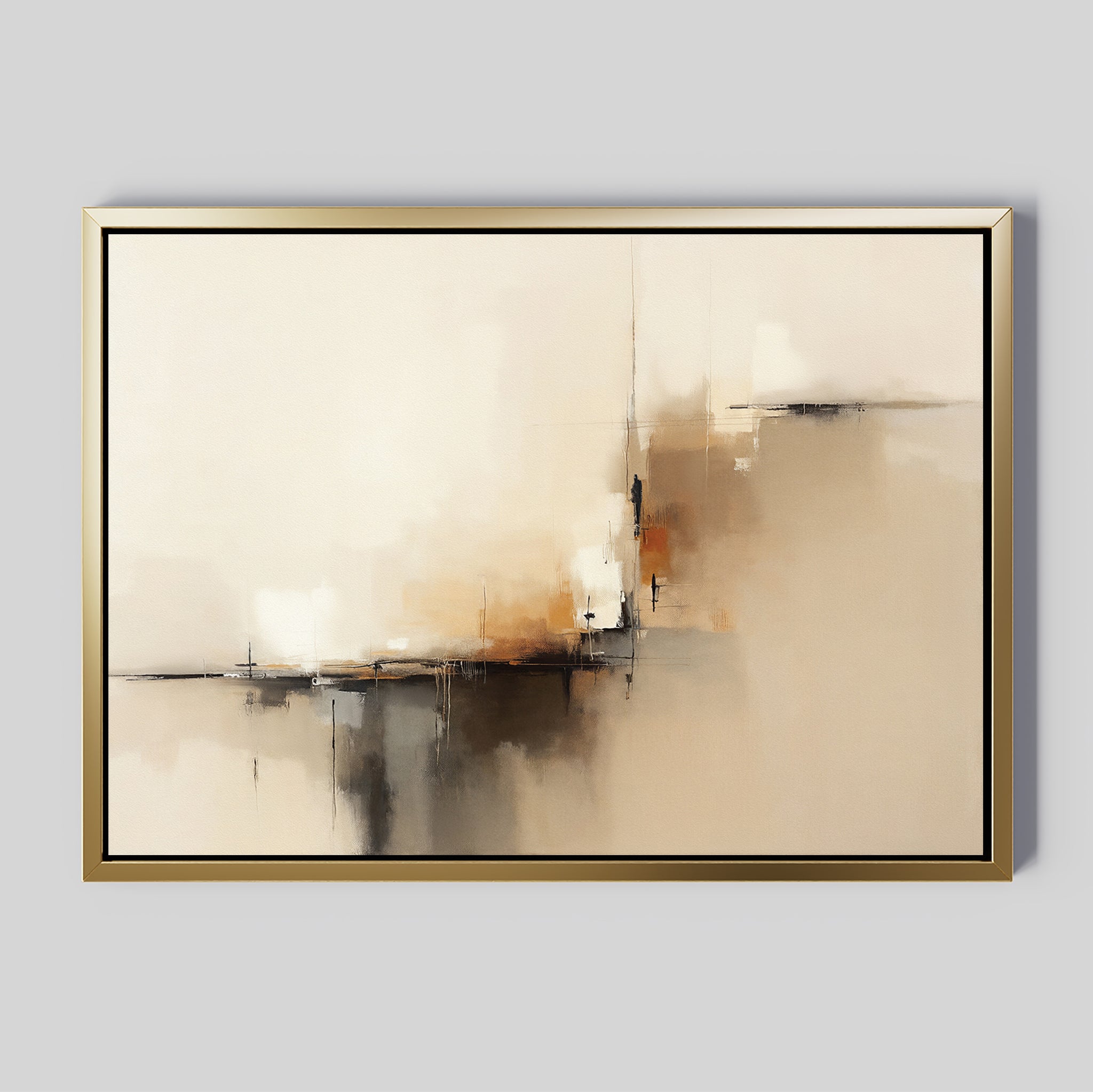 The Burnt Sienna Convergence Canvas Art - Horizontal features a modern minimalist design with intersecting lines and blurred shapes in beige, white, black, brown, and burnt sienna on a light grey background in a gold frame.
