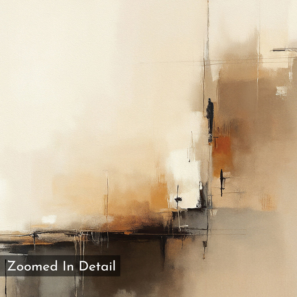 Burnt Sienna Convergence Canvas Art – Horizontal features blended brushstrokes and intersecting lines in beige, cream, brown, and burnt sienna tones. A “Zoomed In Detail” label at the bottom makes it perfect for modern spaces.