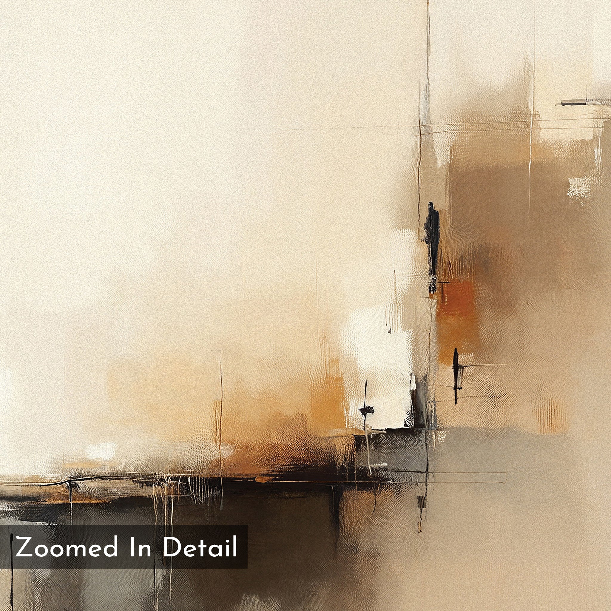 Burnt Sienna Convergence Canvas Art – Horizontal features blended brushstrokes and intersecting lines in beige, cream, brown, and burnt sienna tones. A “Zoomed In Detail” label at the bottom makes it perfect for modern spaces.