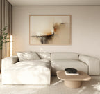 A modern living room features a light beige sectional, wooden coffee table, and the Burnt Sienna Convergence Canvas Art - Horizontal on the wall. Soft natural light highlights minimalist decor with warm burnt sienna accents.