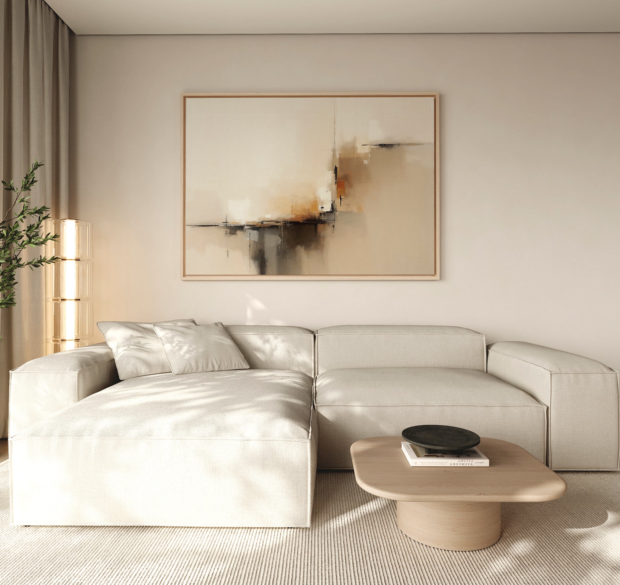 A modern living room features a light beige sectional, wooden coffee table, and the Burnt Sienna Convergence Canvas Art - Horizontal on the wall. Soft natural light highlights minimalist decor with warm burnt sienna accents.