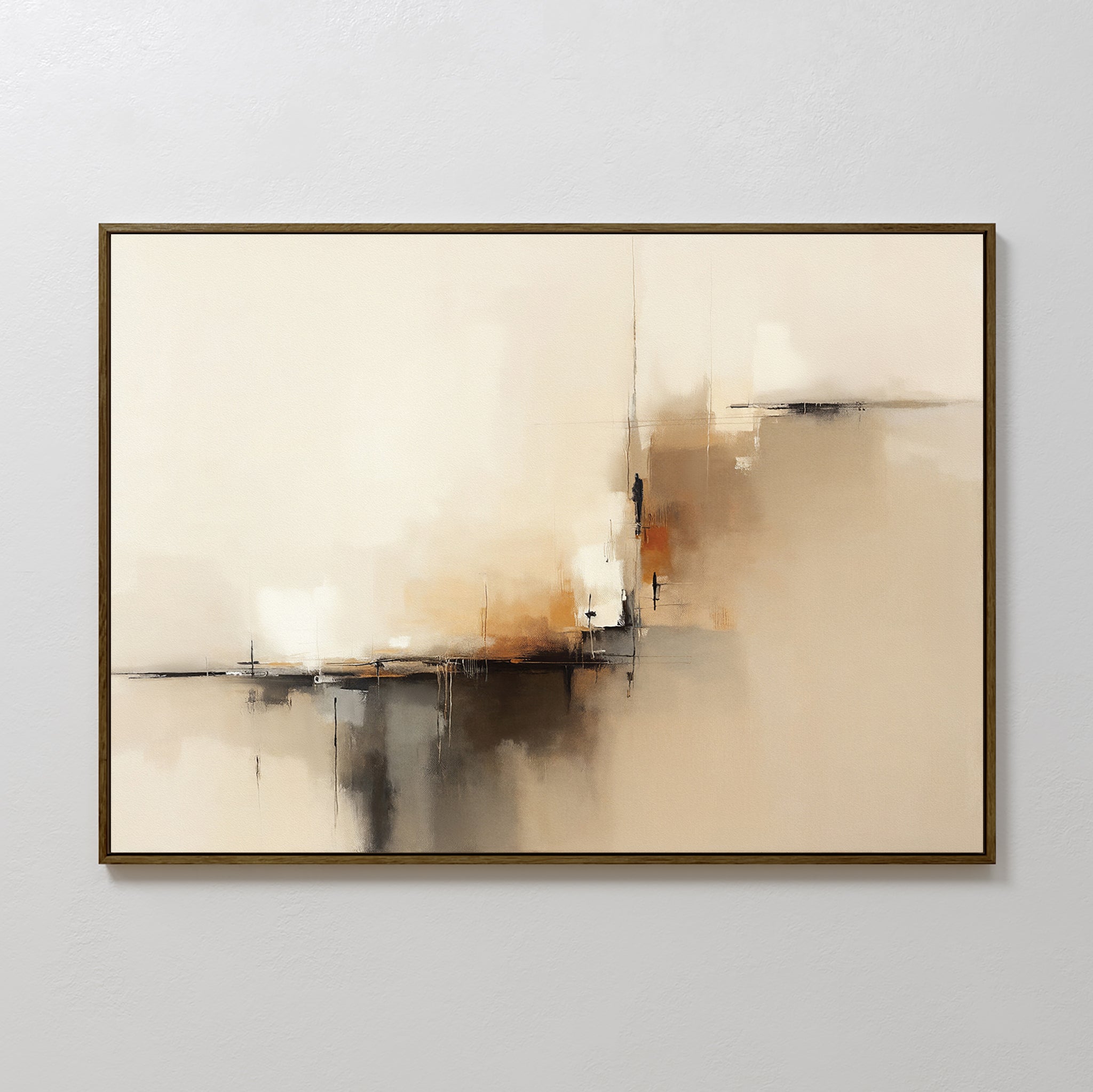 The Burnt Sienna Convergence Canvas Art - Horizontal features blurred abstract shapes in soft beige, cream, brown, and burnt sienna tones, adding depth and subtle contrast for a contemporary look against any light wall.