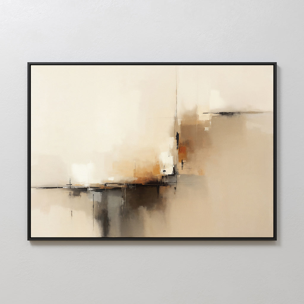 The Burnt Sienna Convergence Canvas Art - Horizontal features soft beige, cream, brown, burnt sienna, and black tones with vertical and horizontal brushstrokes, blurred edges for depth, and a thin black frame against a light wall.