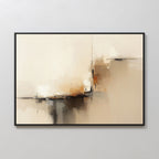 The Burnt Sienna Convergence Canvas Art - Horizontal features soft beige, cream, brown, burnt sienna, and black tones with vertical and horizontal brushstrokes, blurred edges for depth, and a thin black frame against a light wall.