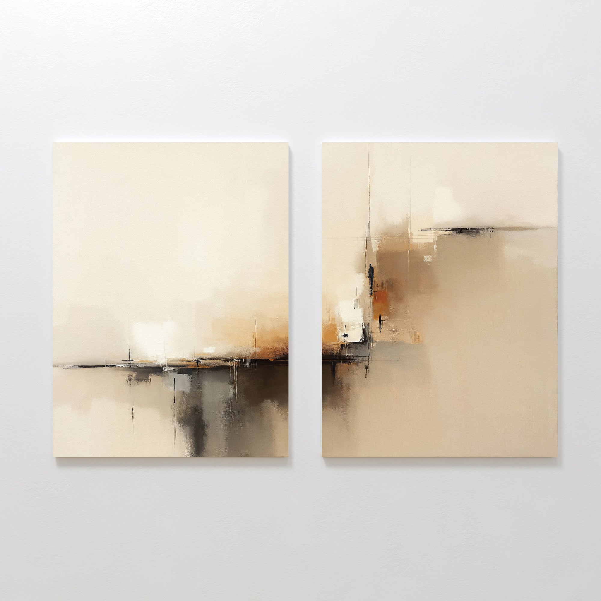 The Burnt Sienna Convergence - Set Of 2 features abstract prints in beige, cream, brown, and black with blurred geometric shapes, bringing modern elegance to any space when hung side by side on a white wall.