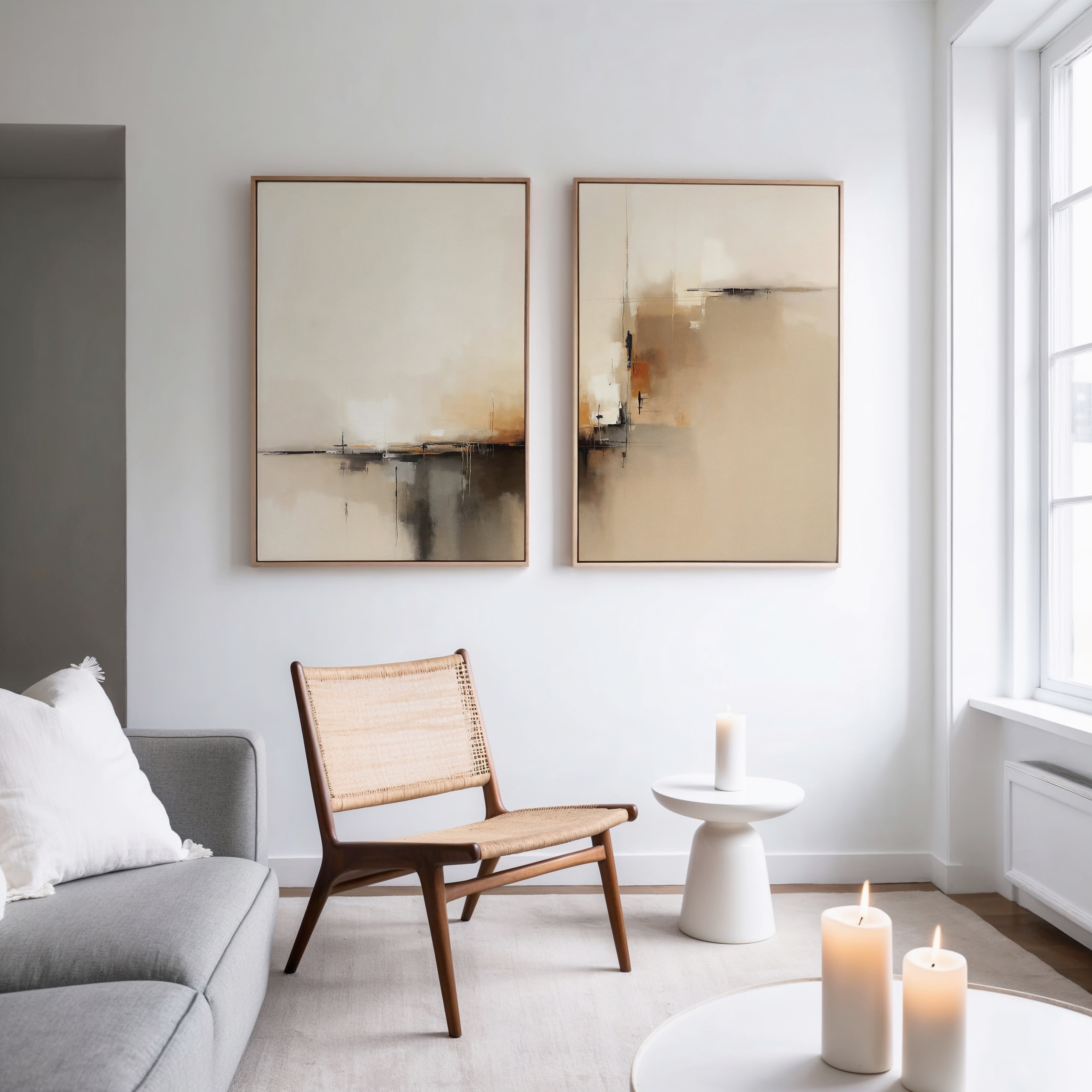 A modern, minimalist living room features a wooden chair, gray sofa, and Burnt Sienna Convergence - Set Of 2 wall art. Natural light highlights three lit candles on a coffee table and a white side table with a candle for modern elegance.