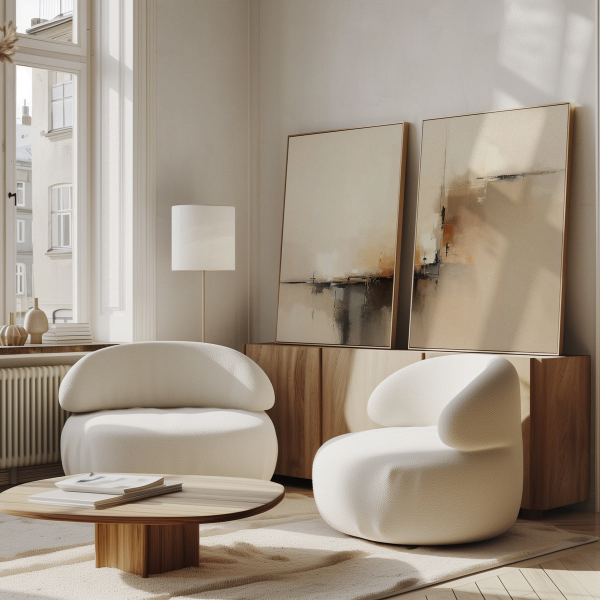 A modern living room featuring two white rounded armchairs, a low wooden coffee table, and Burnt Sienna Convergence - Set Of 2 abstract art leaning against a wood sideboard. Large windows and neutral decor create a cozy, minimalist vibe.