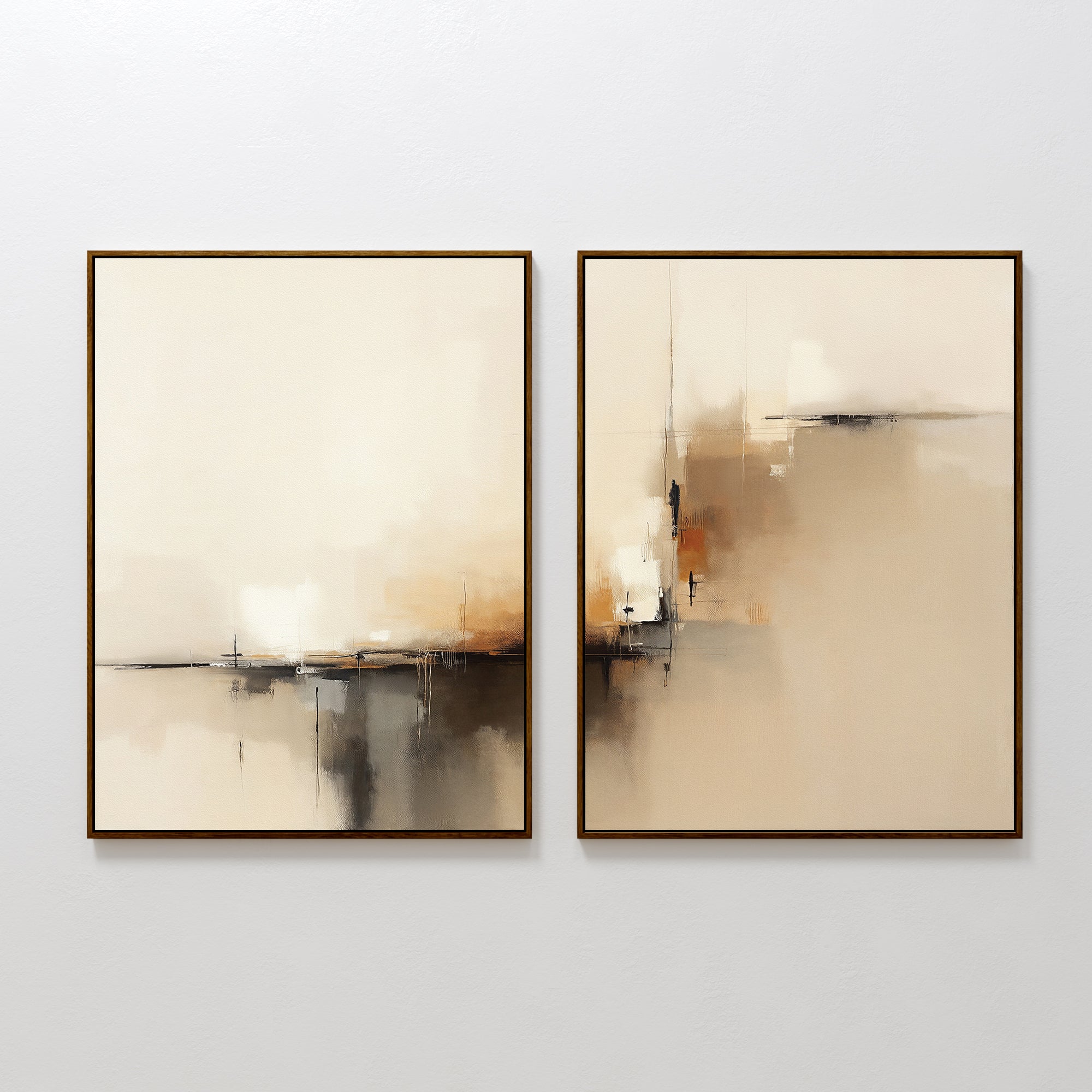 The Burnt Sienna Convergence - Set Of 2 features abstract framed prints in soft beige, brown, and black with blurred brushstrokes, adding modern elegance to your space when hung side by side on a white wall.