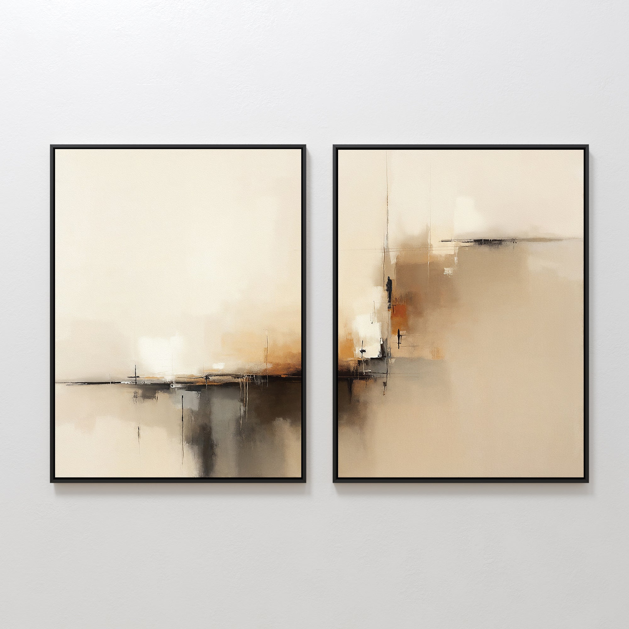 Burnt Sienna Convergence - Set of 2 showcases abstract prints in soft beige, cream, brown, and black with blurred shapes and subtle lines. Framed in black, this modern wall art set adds elegance to any white wall.