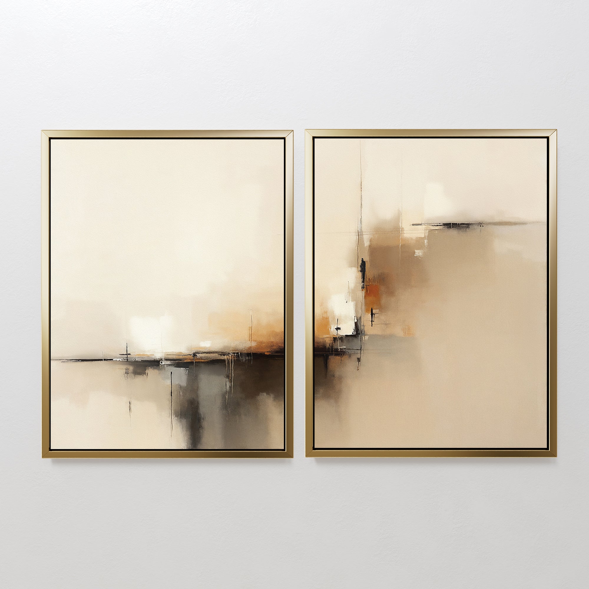 Burnt Sienna Convergence - Set Of 2 features two abstract prints with gold frames, showcasing soft beige, cream, brown, and black brushstrokes for a calm, modern wall art statement.