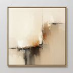 The Burnt Sienna Convergence Canvas Art - Square features a contemporary mix of beige, cream, brown, and black brushstrokes. Framed in thin gold, this elegant wall art adds a soft, modern touch to any light-colored room.