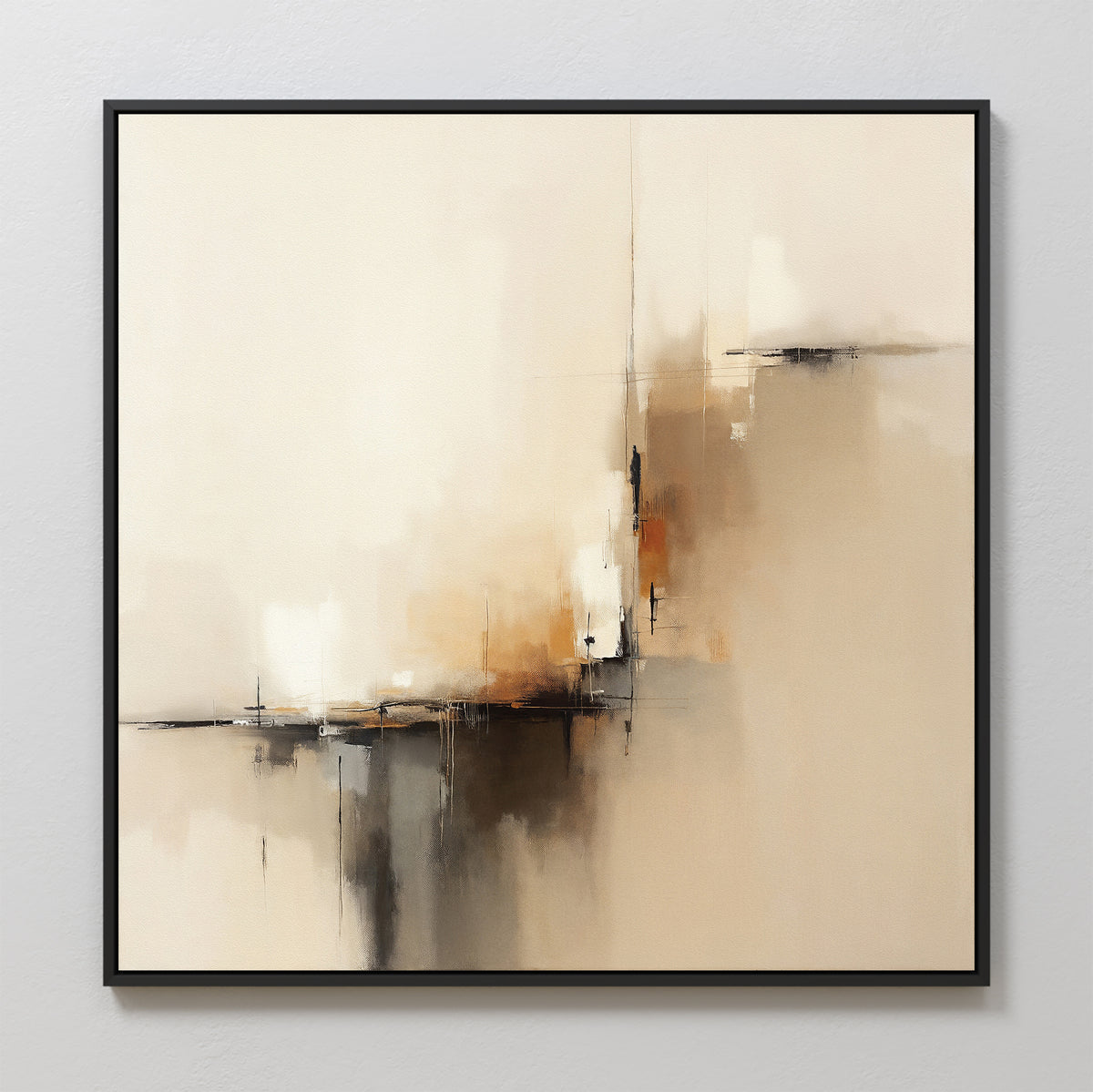 Burnt Sienna Convergence Canvas Art - Square features soft beige, cream, and tan with bold black and brown brushstrokes. Blurred intersecting lines create depth—ideal wall art for a Nordic Park-inspired space.