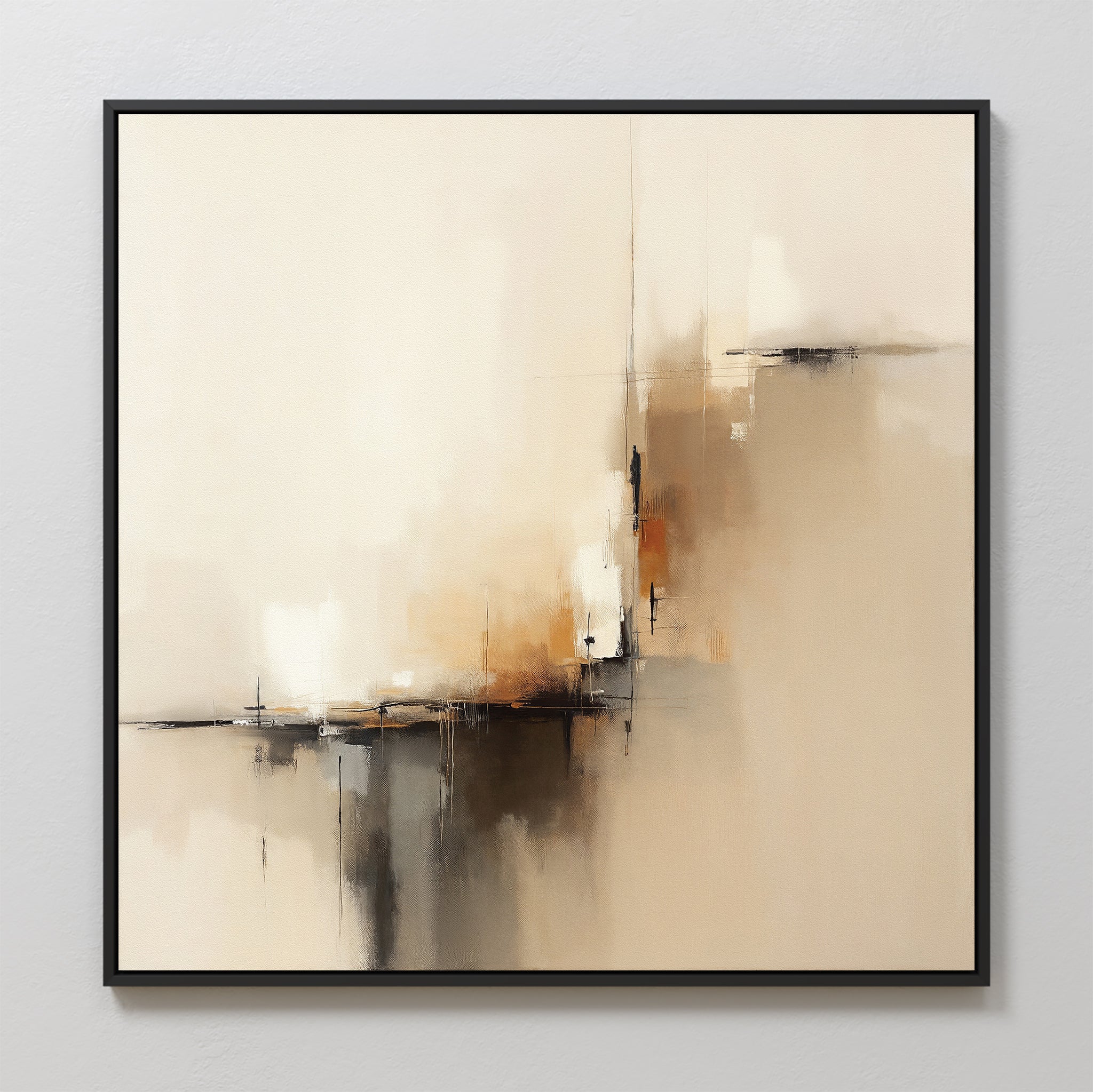 Burnt Sienna Convergence Canvas Art - Square features soft beige, cream, and tan with bold black and brown brushstrokes. Blurred intersecting lines create depth—ideal wall art for a Nordic Park-inspired space.