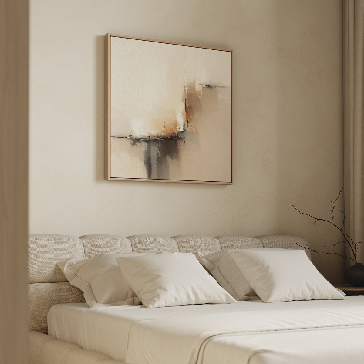 A modern bedroom with a beige upholstered bed, white bedding, and the Burnt Sienna Convergence Canvas Art - Square as abstract wall art above the headboard. A bare branch decorates a side table on the right.