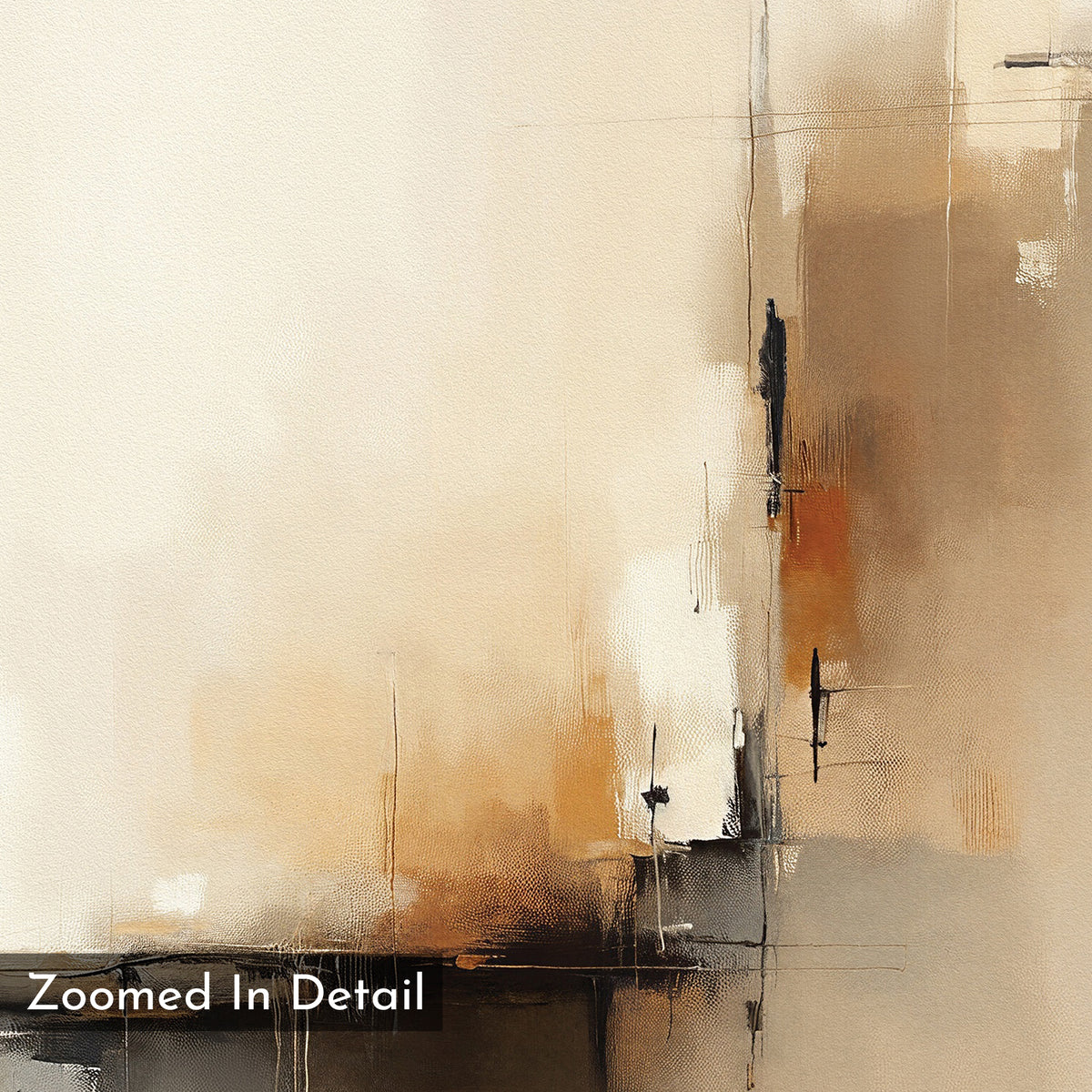 Burnt Sienna Convergence Canvas Art - Square features soft beige, brown, white, and black tones with blurred, textured brushstrokes for a modern minimalist look—ideal as contemporary abstract wall art. Corner label: Zoomed In Detail.
