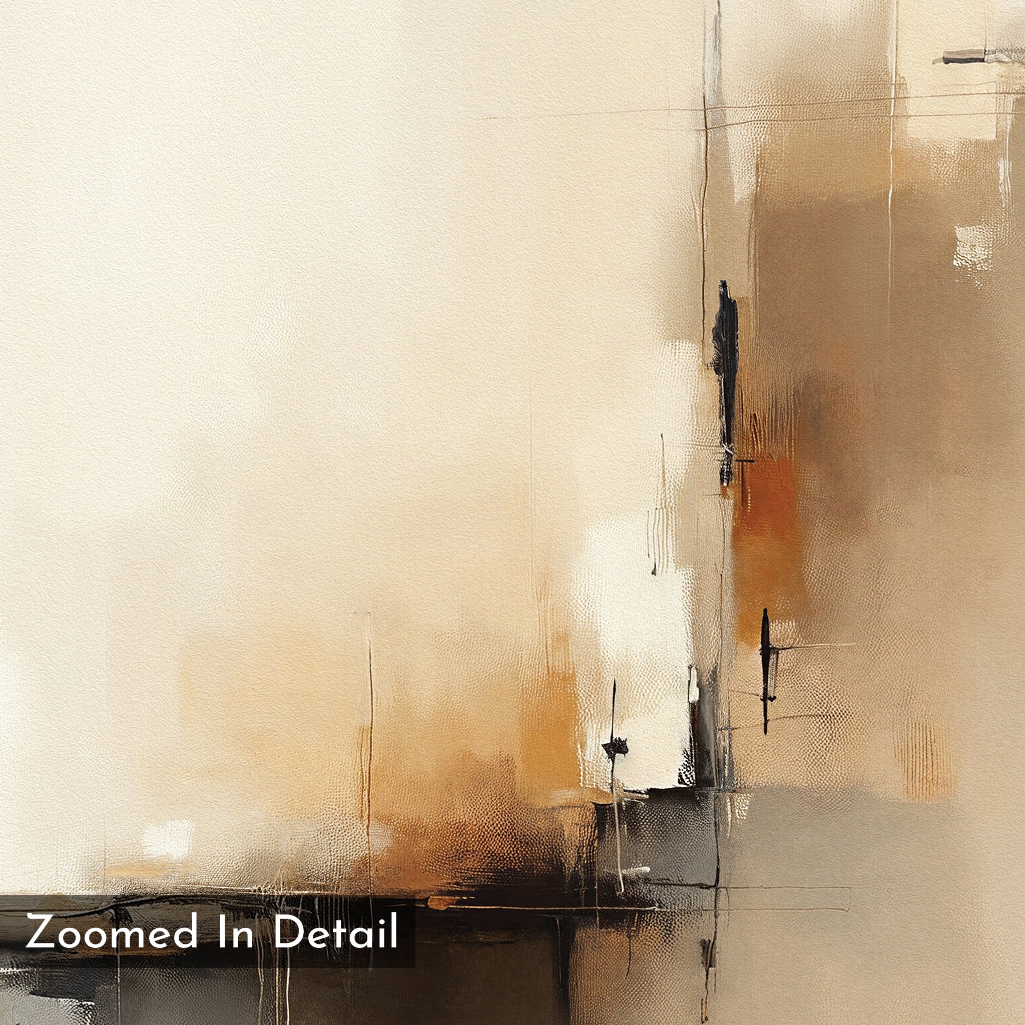 Burnt Sienna Convergence Canvas Art - Square features soft beige, brown, white, and black tones with blurred, textured brushstrokes for a modern minimalist look—ideal as contemporary abstract wall art. Corner label: Zoomed In Detail.
