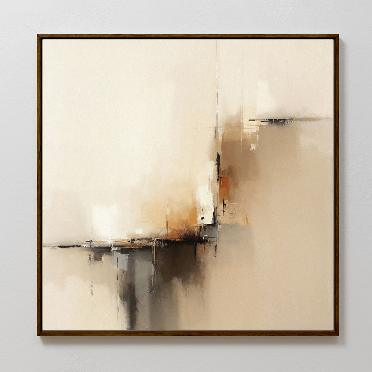 Burnt Sienna Convergence Canvas Art - Square showcases a contemporary abstract print with soft beige, brown, and black tones. Vertical and horizontal brushstrokes intersect, framed by a thin dark border and displayed on a white wall.