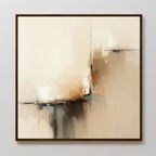 Burnt Sienna Convergence Canvas Art - Square showcases a contemporary abstract print with soft beige, brown, and black tones. Vertical and horizontal brushstrokes intersect, framed by a thin dark border and displayed on a white wall.