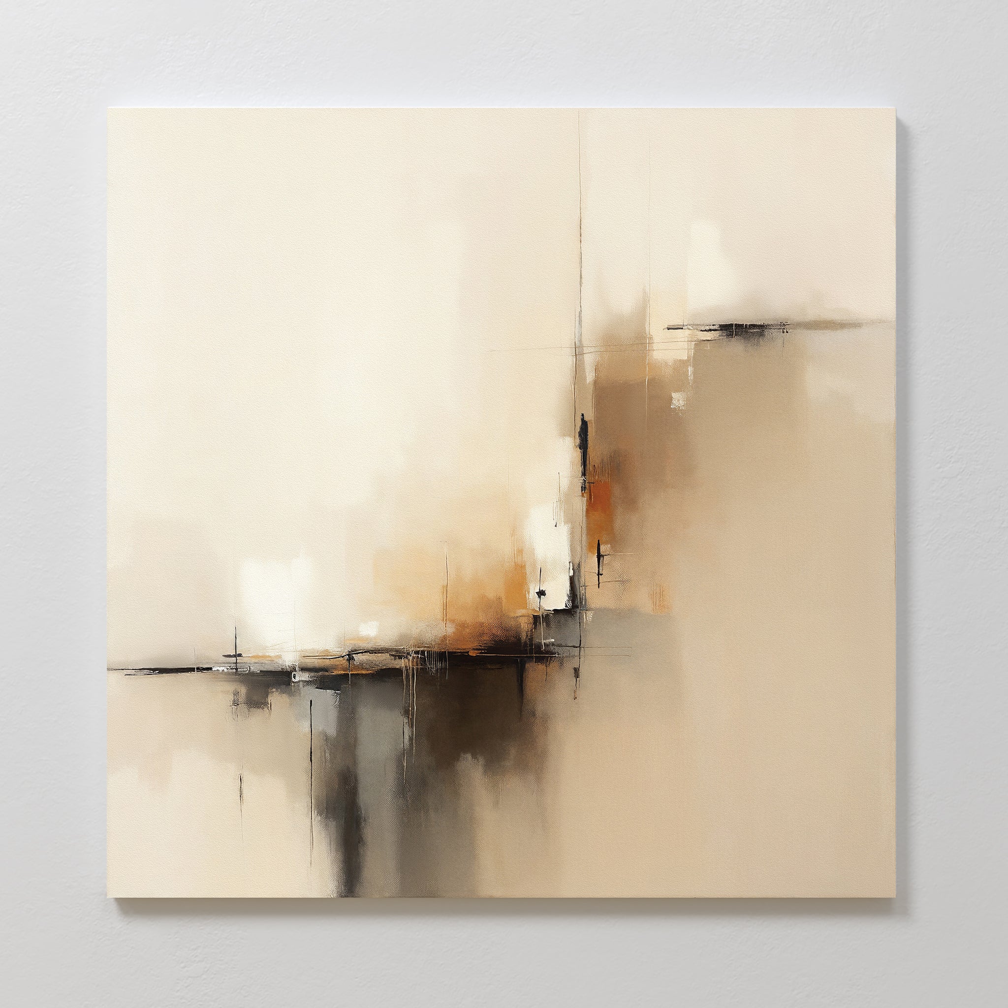 Burnt Sienna Convergence Canvas Art - Square features soft beige, cream, and brown tones with blended areas and sharp lines—perfect modern wall art for a light Nordic Park-inspired space.