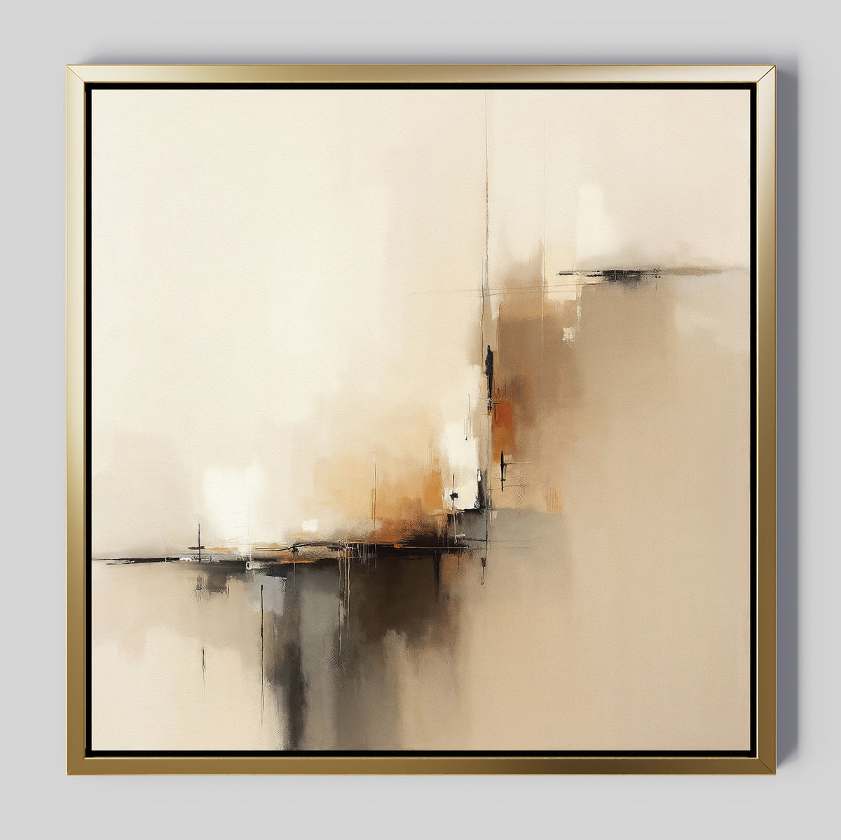 Burnt Sienna Convergence Canvas Art - Square features neutral tones with brown and black touches; soft vertical and horizontal strokes blend for depth and structure within a gold frame, creating sophisticated contemporary abstract wall art.