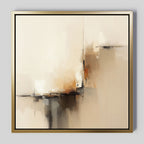 Burnt Sienna Convergence Canvas Art - Square features neutral tones with brown and black touches; soft vertical and horizontal strokes blend for depth and structure within a gold frame, creating sophisticated contemporary abstract wall art.