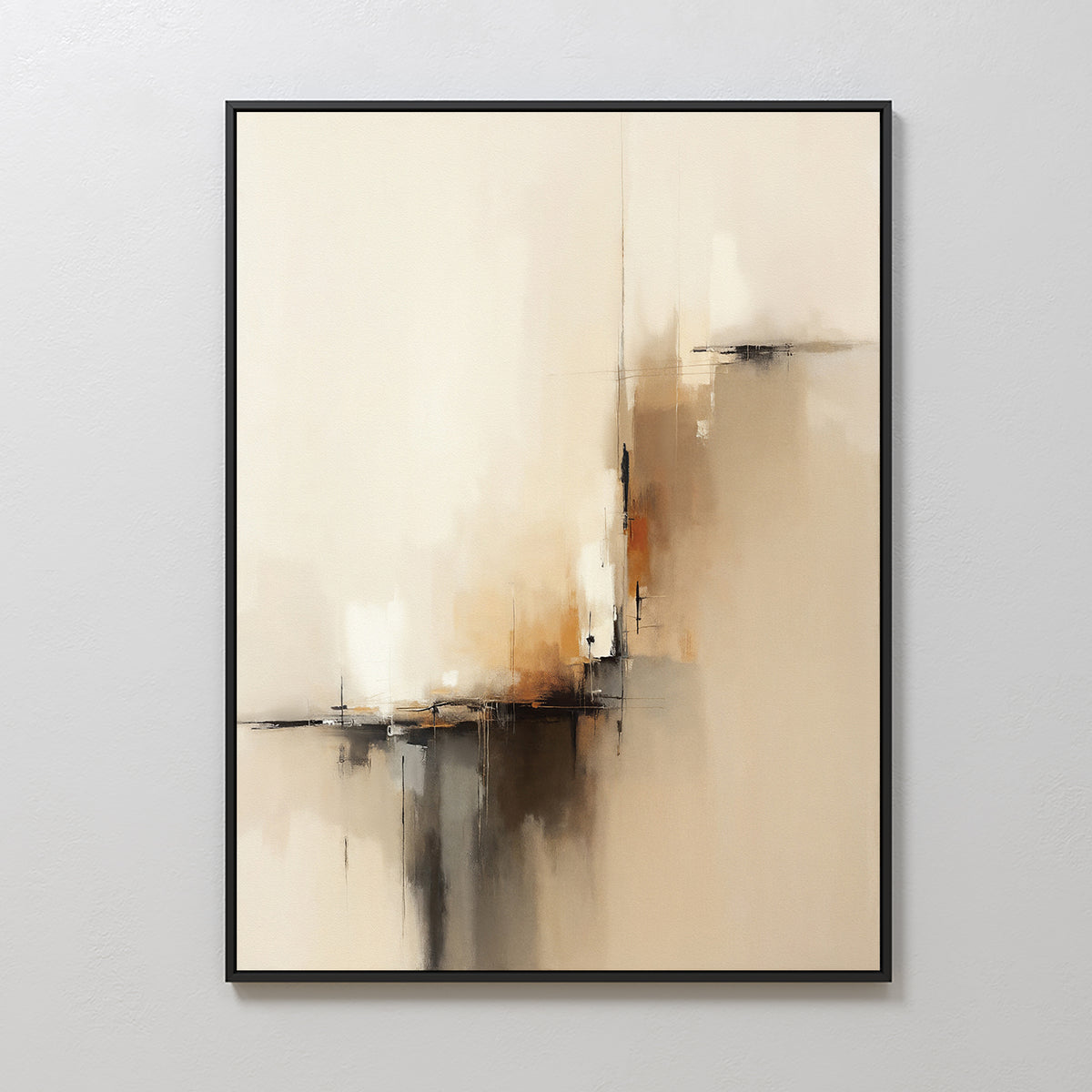 Burnt Sienna Convergence Canvas Art - Vertical features beige, cream, brown, black, and orange brushstrokes with geometric shapes and lines for modern elegance. A simple black frame enhances this wall art on light walls.