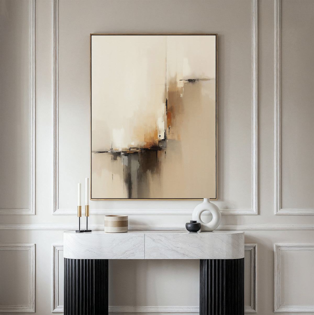 A modern console table with decorative vases and candles stands against a paneled wall, topped by the Burnt Sienna Convergence Canvas Art - Vertical in neutral beige, white, black, and brown tones for a touch of modern elegance.