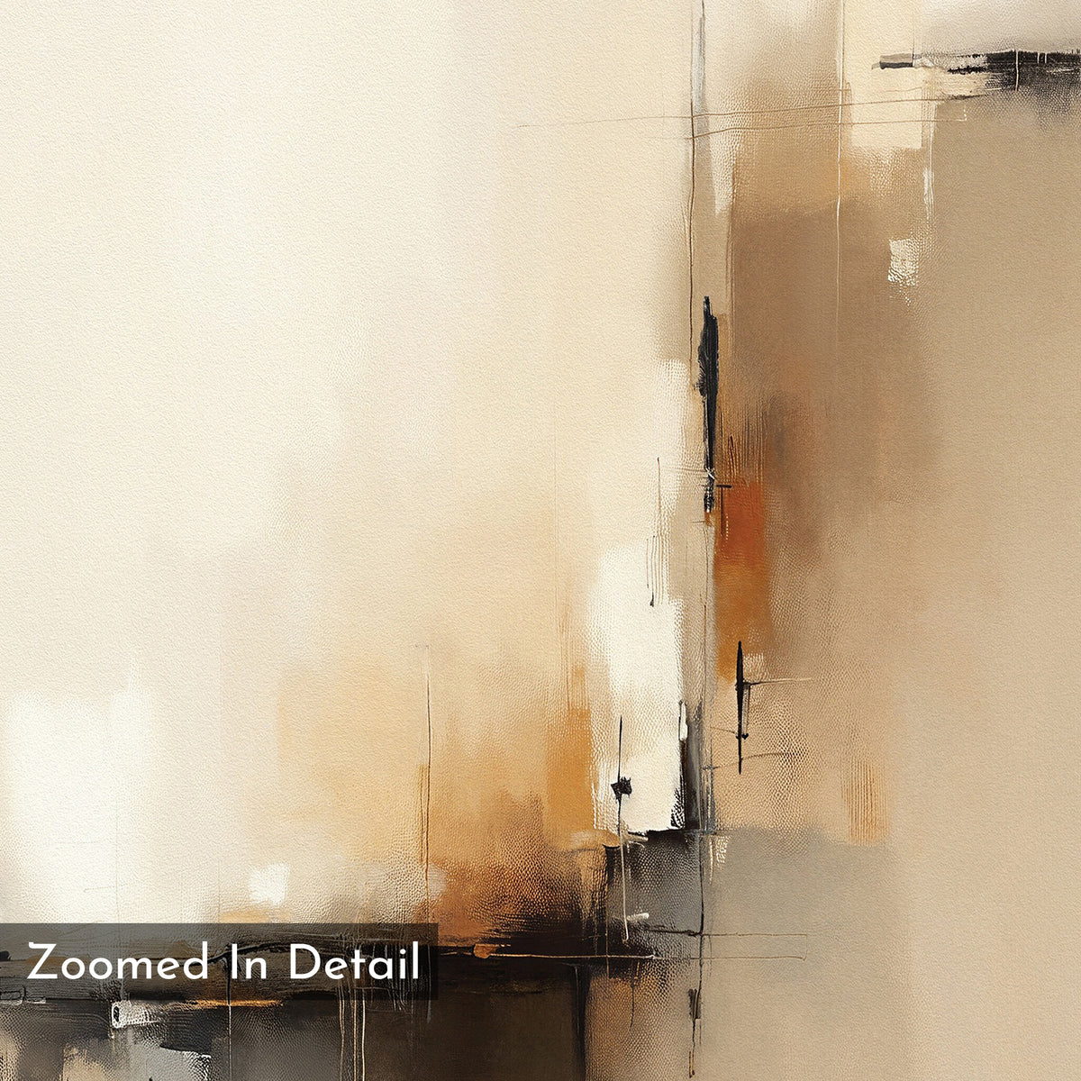 Burnt Sienna Convergence Canvas Art – Vertical features a modern abstract design with soft beige, tan, brown, and touches of black and orange. Overlapping lines and textured blocks create contemporary elegance. "Zoomed In Detail" appears in the lower left corner.