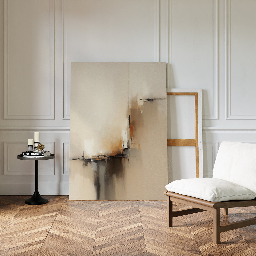 The Burnt Sienna Convergence Canvas Art – Vertical leans against a white paneled wall beside a wooden frame, adding modern elegance to the cushioned chair and black side table on a herringbone-patterned floor.