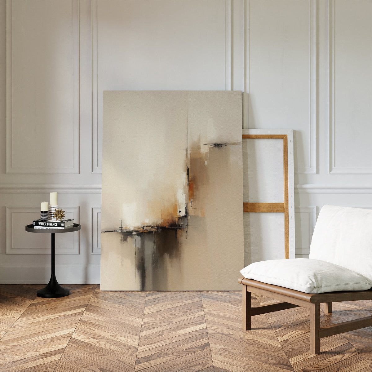 The Burnt Sienna Convergence Canvas Art – Vertical leans against a white paneled wall beside a wooden frame, adding modern elegance to the cushioned chair and black side table on a herringbone-patterned floor.