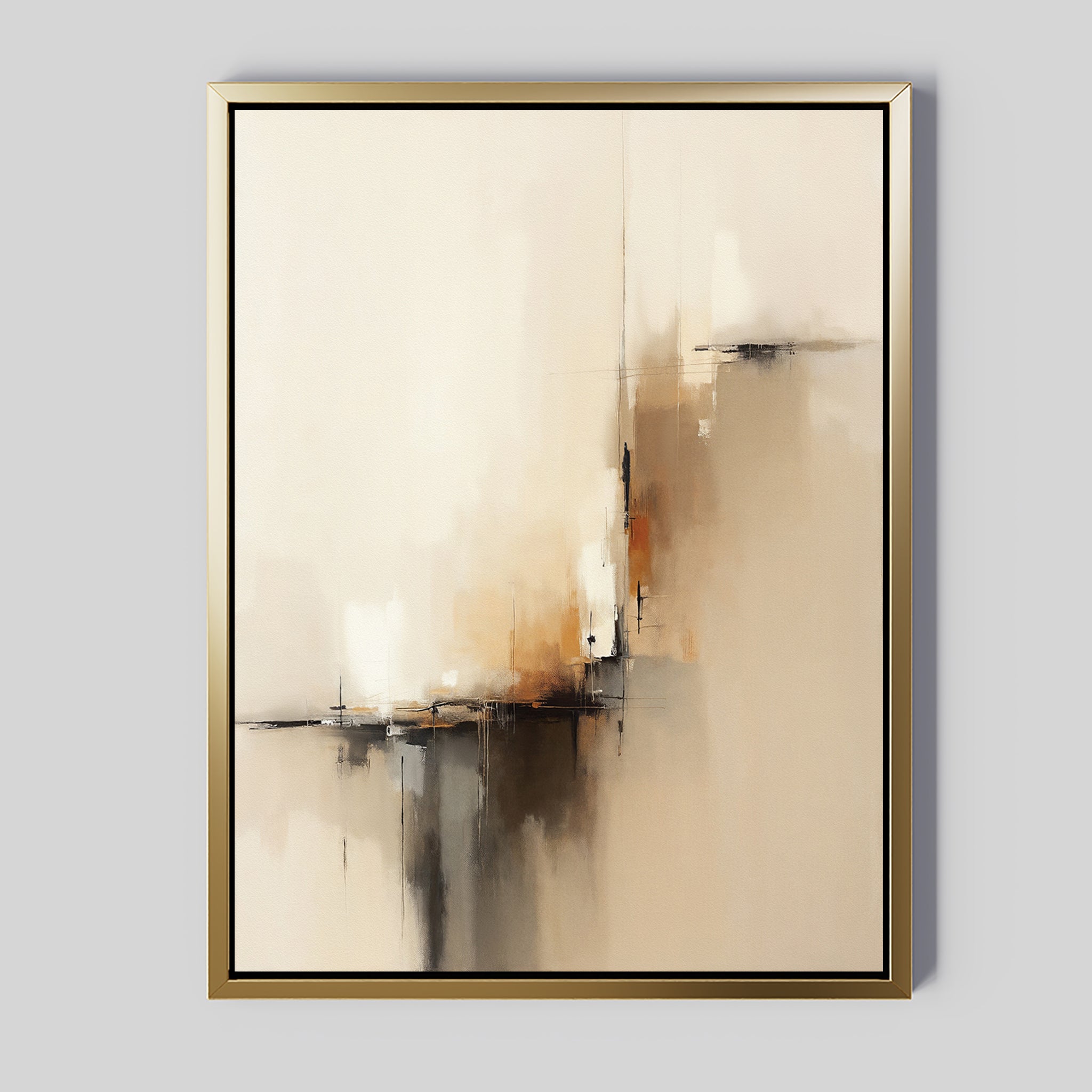 The Burnt Sienna Convergence Canvas Art - Vertical features an abstract blend of beige, cream, brown, and black with soft transitions and sharp lines. Presented in a gold frame, it adds modern elegance to any light gray backdrop.