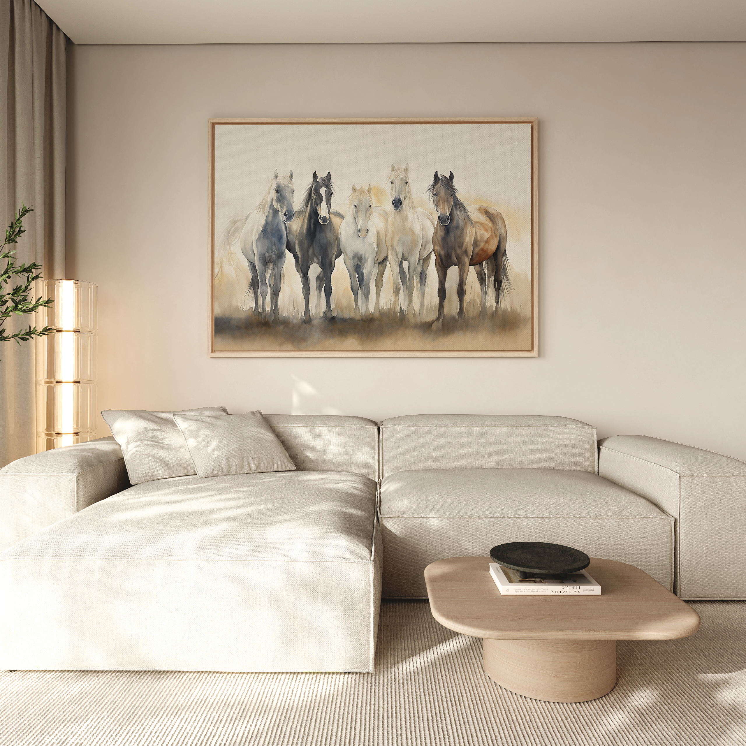 A modern living room features a light beige sectional sofa, wooden coffee table, and the Sunset Ride Canvas Art above the sofa. Sheer curtains filter soft natural light, highlighting the room’s elegant decor.